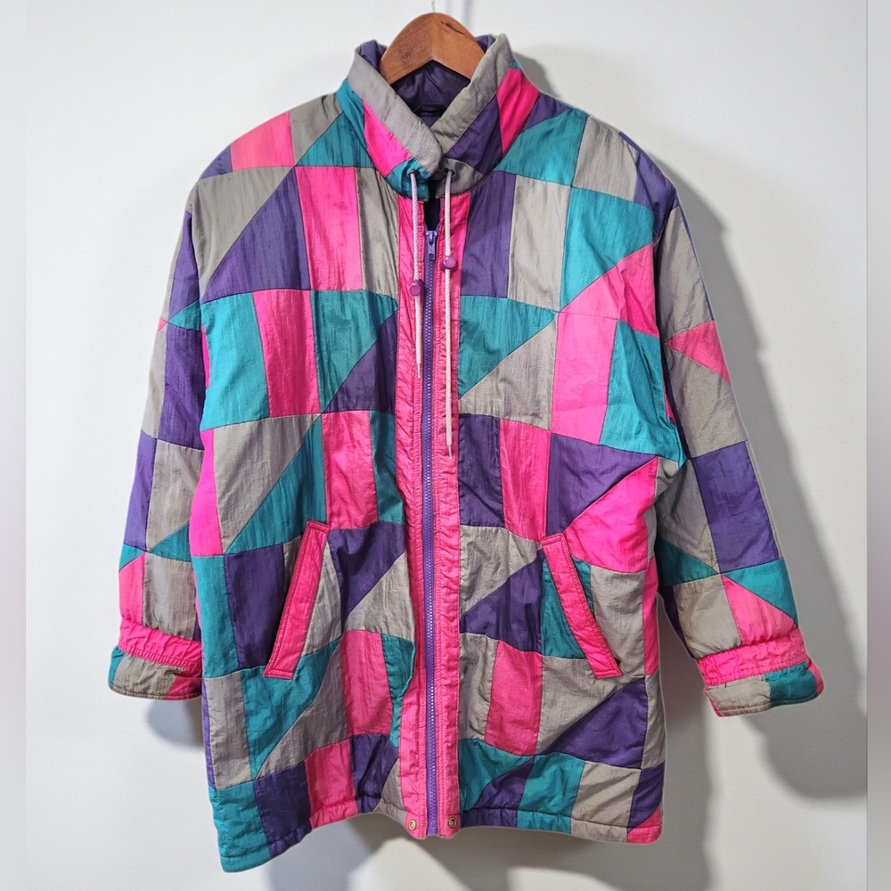 Vintage Dani Colby Colorblock Geometric Patchwork Jacket Coat Womens M Colorful